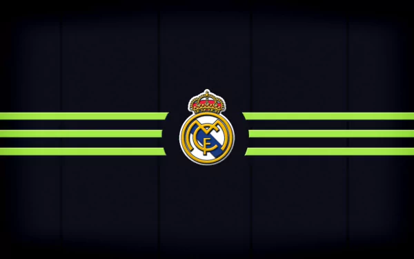 Real Madrid C.F. logo centered on a dark background with green stripes, HD desktop wallpaper.