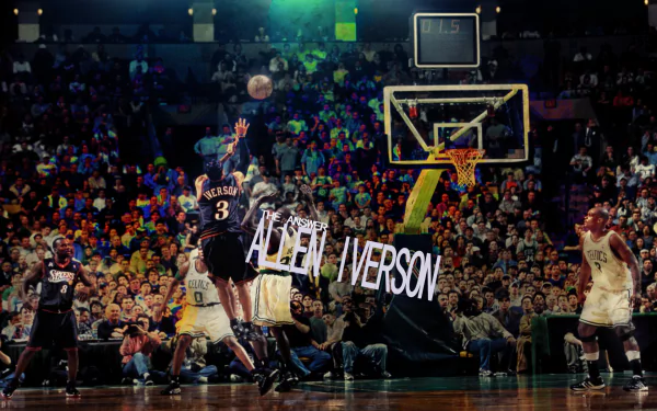 HD desktop wallpaper featuring a basketball action scene with a prominent player mid-game, surrounded by an energetic crowd and stylized text overlay.