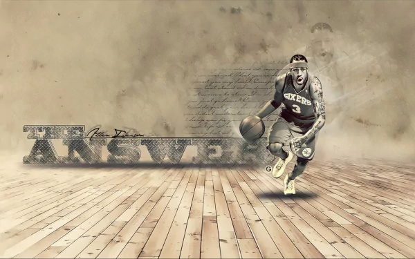 HD desktop wallpaper featuring a stylized image of a basketball player in motion, set against a vintage background with text elements.