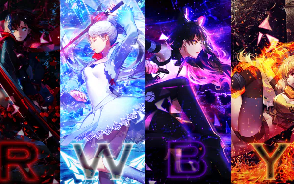 HD desktop wallpaper featuring the main characters of RWBY with a vibrant, dynamic background highlighting their individual colors and themes.