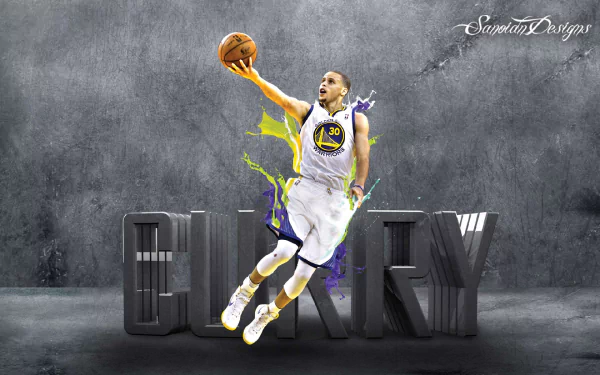 HD desktop wallpaper featuring an artistic representation of Stephen Curry in action on a stylized basketball court background.