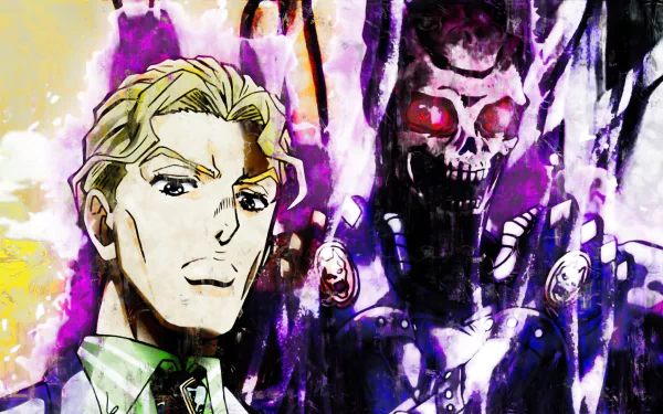 HD PC desktop wallpaper featuring Yoshikage Kira and Killer Queen from the anime JoJo's Bizarre Adventure, showcasing vibrant colors and dynamic character design.