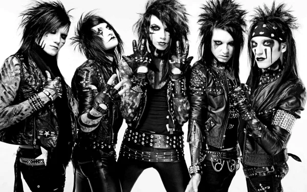 Black and white HD desktop wallpaper featuring Black Veil Brides, styled in heavy metal and hard rock attire with dramatic makeup and spiked hairstyles.