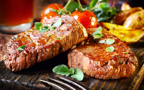 8K Ultra HD PC desktop wallpaper: close-up grilled steak medallions with roasted potatoes, cherry tomatoes and fresh herb garnish on a wooden board (food, meat)