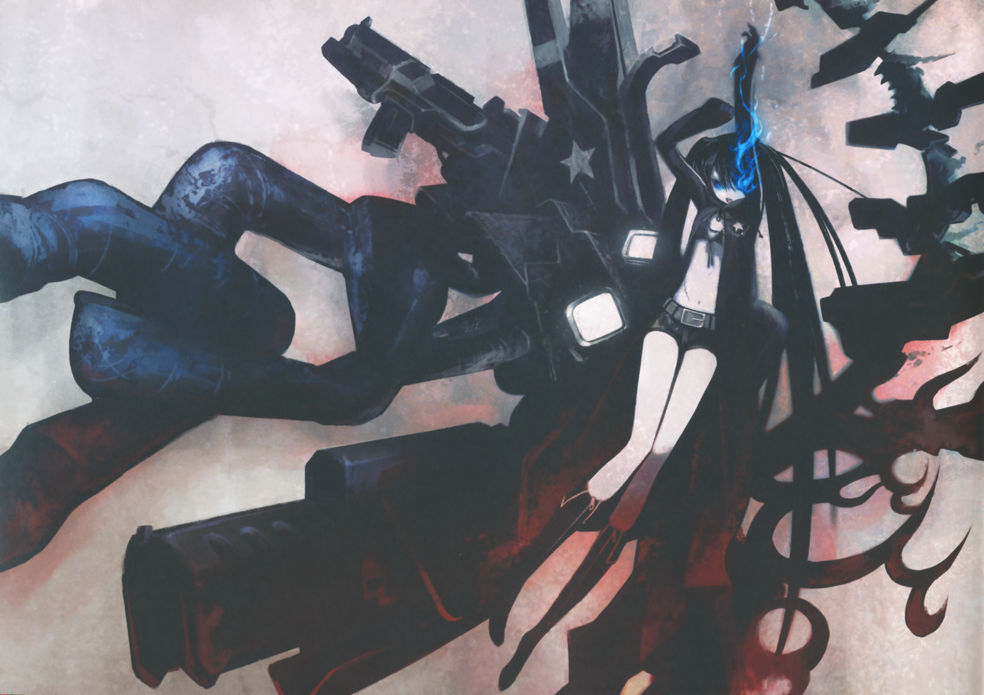 Black Rock Shooter anime character with glowing blue eye and massive gun amid dark mechanical silhouettes — 5K Ultra HD PC desktop wallpaper and background.