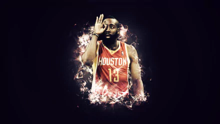 HD desktop wallpaper featuring a dynamic graphic of a basketball player in a Houston uniform with sparkling effects.