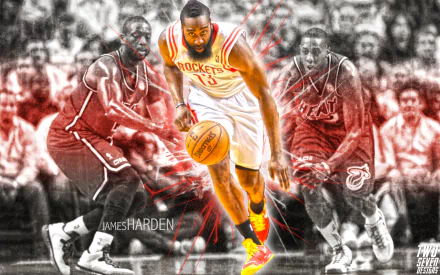 James Harden in action on the court, stylized HD desktop wallpaper featuring the Rockets star player.