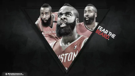 HD desktop wallpaper featuring multiple poses of a basketball player in a Houston jersey with the slogan Fear the Beard.