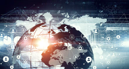 4K Ultra HD desktop wallpaper featuring an artistic globe with technology-themed digital connections overlaid on a world map background.