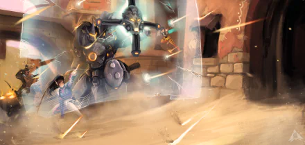 HD desktop wallpaper featuring Overwatch characters Reinhardt, Hanzo, Tracer, and D.Va in action. Reinhardt is using his shield to protect against incoming attacks amidst a dynamic battle scene.