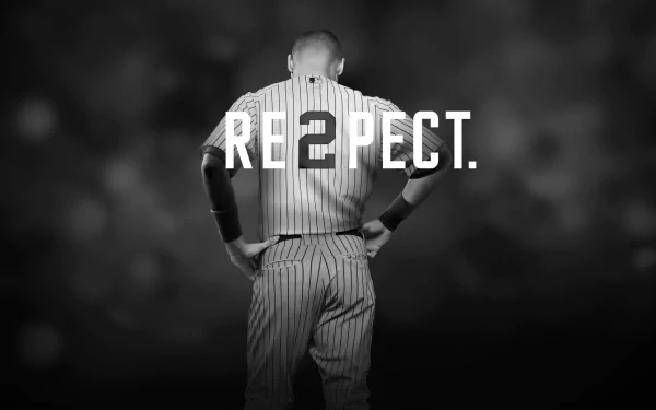 HD wallpaper featuring the back of Derek Jeter with RE2PECT across the jersey, in a black and white tone.
