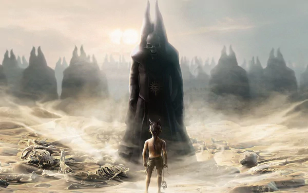 HD desktop wallpaper of a heavy metal and hard rock theme featuring Black Veil Brides. The image depicts a dark, menacing figure towering over a smaller figure in a barren, skeletal landscape.