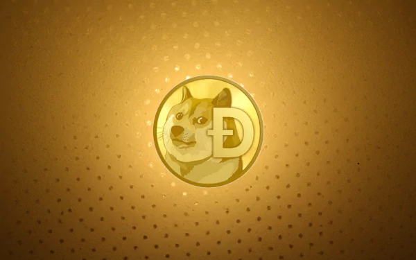 HD desktop wallpaper featuring a golden Dogecoin emblem with the Shiba Inu mascot on a textured amber background.