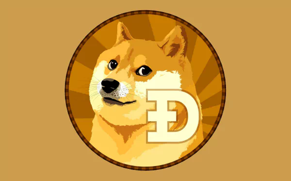 HD wallpaper featuring the Dogecoin logo with the Shiba Inu mascot on a warm brown background.