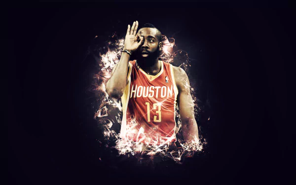HD desktop wallpaper featuring a dynamic graphic of a basketball player in a Houston uniform with sparkling effects.