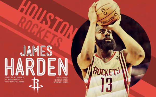 HD desktop wallpaper featuring basketball player in a Houston Rockets jersey with the text James Harden.