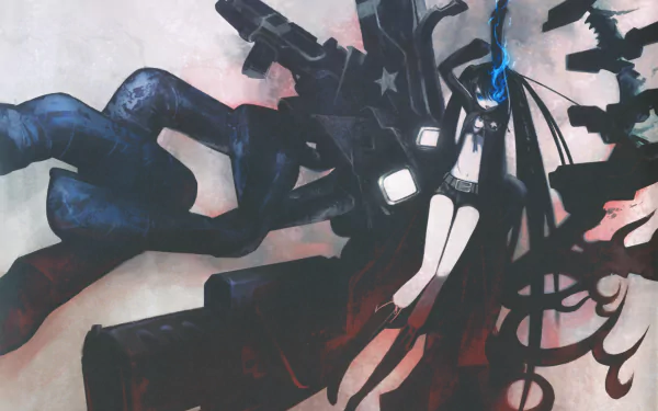 Black Rock Shooter anime character with glowing blue eye and massive gun amid dark mechanical silhouettes — 5K Ultra HD PC desktop wallpaper and background.