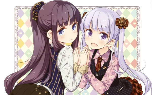 Anime New Game! 2K Quad HD PC desktop wallpaper: two girls—one dark purple-haired, one light lavender-haired—clasp hands in patterned outfits against a pastel argyle background.