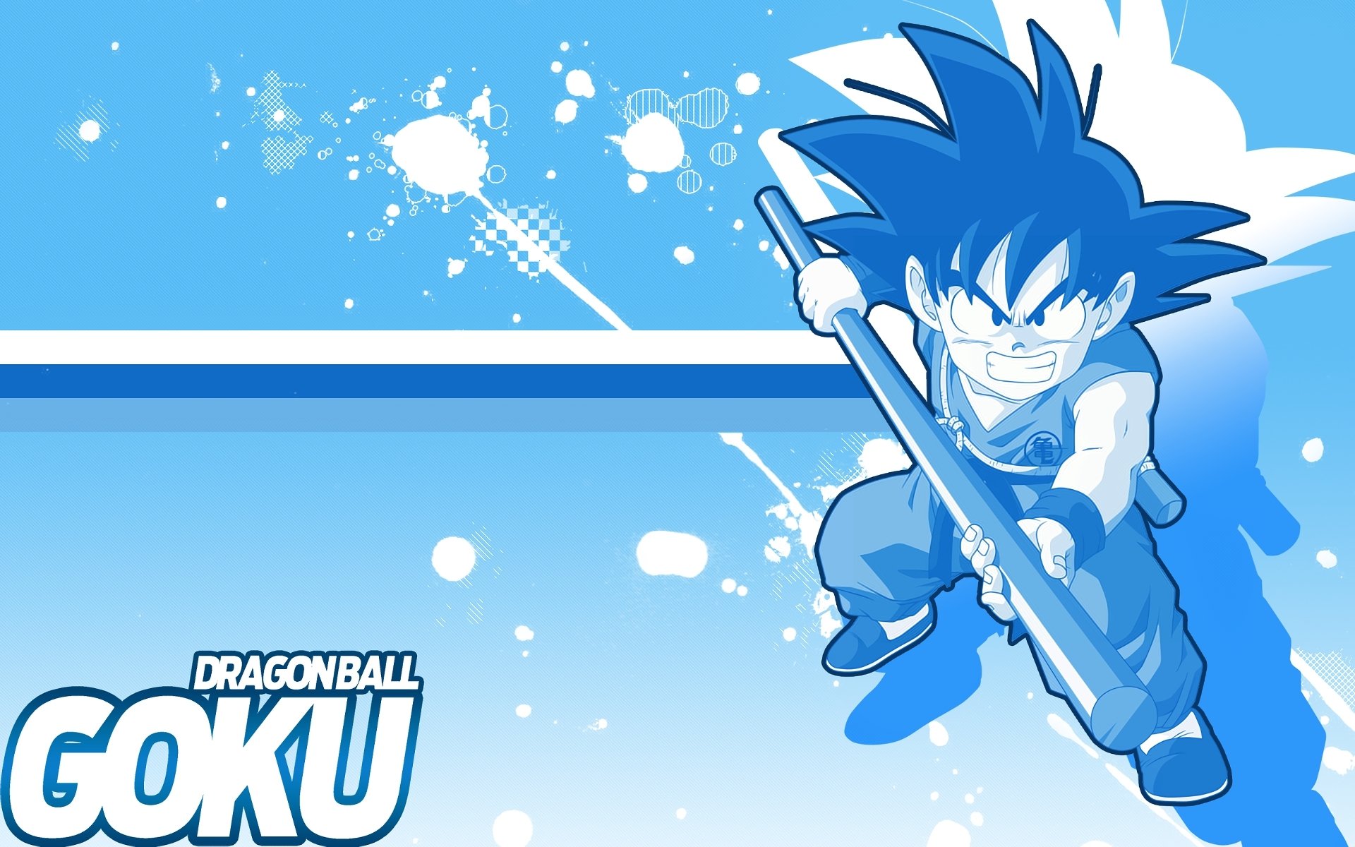 HD desktop wallpaper featuring Goku from Dragon Ball in vibrant blue tones. Goku is poised in an action stance, holding his staff, with dynamic background elements and the Dragon Ball logo.