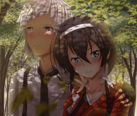 HD wallpaper featuring anime characters Atsushi Nakajima and Kyōka Izumi from Bungou Stray Dogs, set against a serene forest background with dappled sunlight.