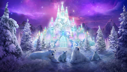 A colorful, artistic winter scene with a glowing castle, snowy trees, and a family of polar bears, captured in an HD PC desktop wallpaper background.
