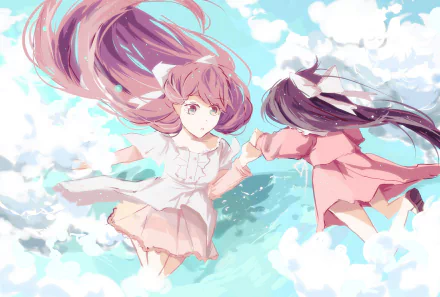 A high-definition desktop wallpaper featuring Rin from the anime Shelter. She is depicted floating in a dreamy, cloud-filled sky. The vibrant colors and soft details create a serene and captivating background.