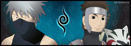 HD desktop wallpaper featuring anime characters Yamato and Kakashi Hatake from Naruto, with a stylized backdrop and a prominent symbol in the center.