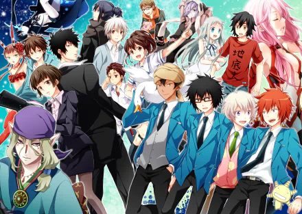 HD PC desktop wallpaper featuring a vibrant crossover of anime characters from Anohana, No. 6, Black Rock Shooter, Psycho-Pass, and Guilty Crown.