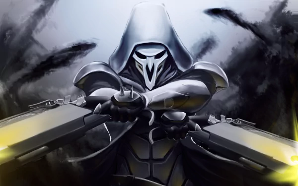 HD desktop wallpaper featuring Reaper from the video game Overwatch. The character is depicted in a dark, ominous setting, dual-wielding shotguns with a hooded cloak.