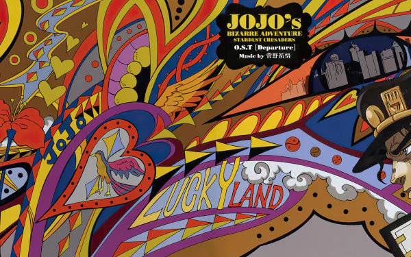 Vibrant HD PC desktop wallpaper featuring Jotaro Kujo from JoJo's Bizarre Adventure, a psychedelic Lucky Land mural with bold logo, hearts and a stylized cityscape.