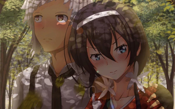 HD wallpaper featuring anime characters Atsushi Nakajima and Kyōka Izumi from Bungou Stray Dogs, set against a serene forest background with dappled sunlight.