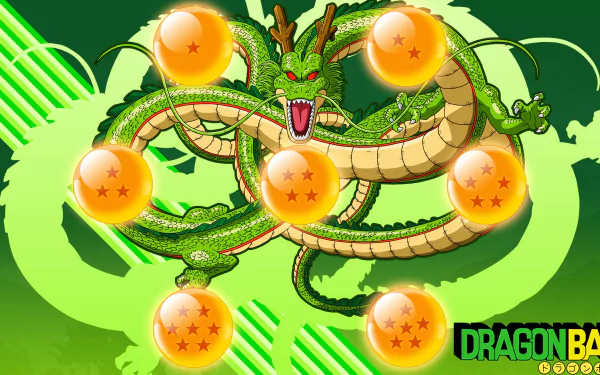HD PC desktop wallpaper featuring the anime Dragon Ball Z with Shenron the dragon and the seven glowing Dragon Balls on a vibrant green background.