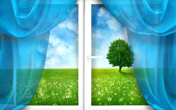4K Ultra HD desktop wallpaper showcasing a vibrant green field and tree viewed through a window framed by flowing blue curtains under a bright, partly cloudy sky.