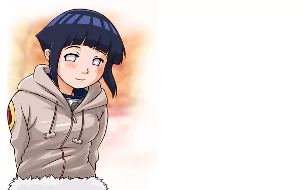 HD desktop wallpaper featuring Hinata Hyuga from the anime Naruto, showcasing her in a grey hooded jacket with an orange and yellow patch on the sleeve, set against a soft, warm-toned background.