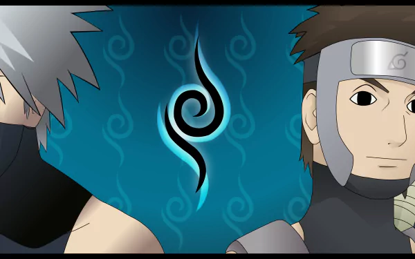 HD desktop wallpaper featuring anime characters Yamato and Kakashi Hatake from Naruto, with a stylized backdrop and a prominent symbol in the center.