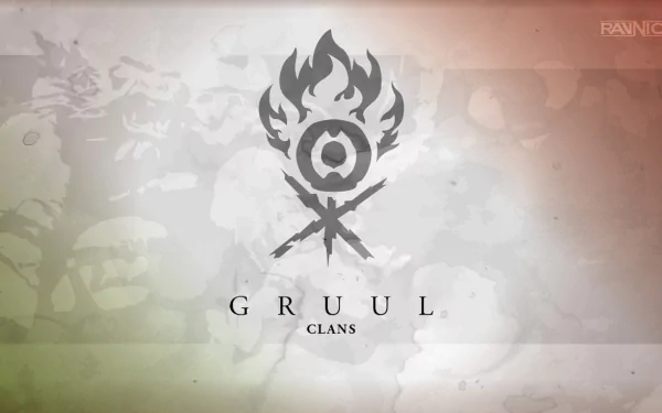 Man-made HD PC desktop wallpaper of Magic: The Gathering's Gruul Clans — flaming eye emblem with crossed axes over a faded red-green background, with GRUUL CLANS text.