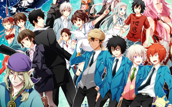 HD PC desktop wallpaper featuring a vibrant crossover of anime characters from Anohana, No. 6, Black Rock Shooter, Psycho-Pass, and Guilty Crown.