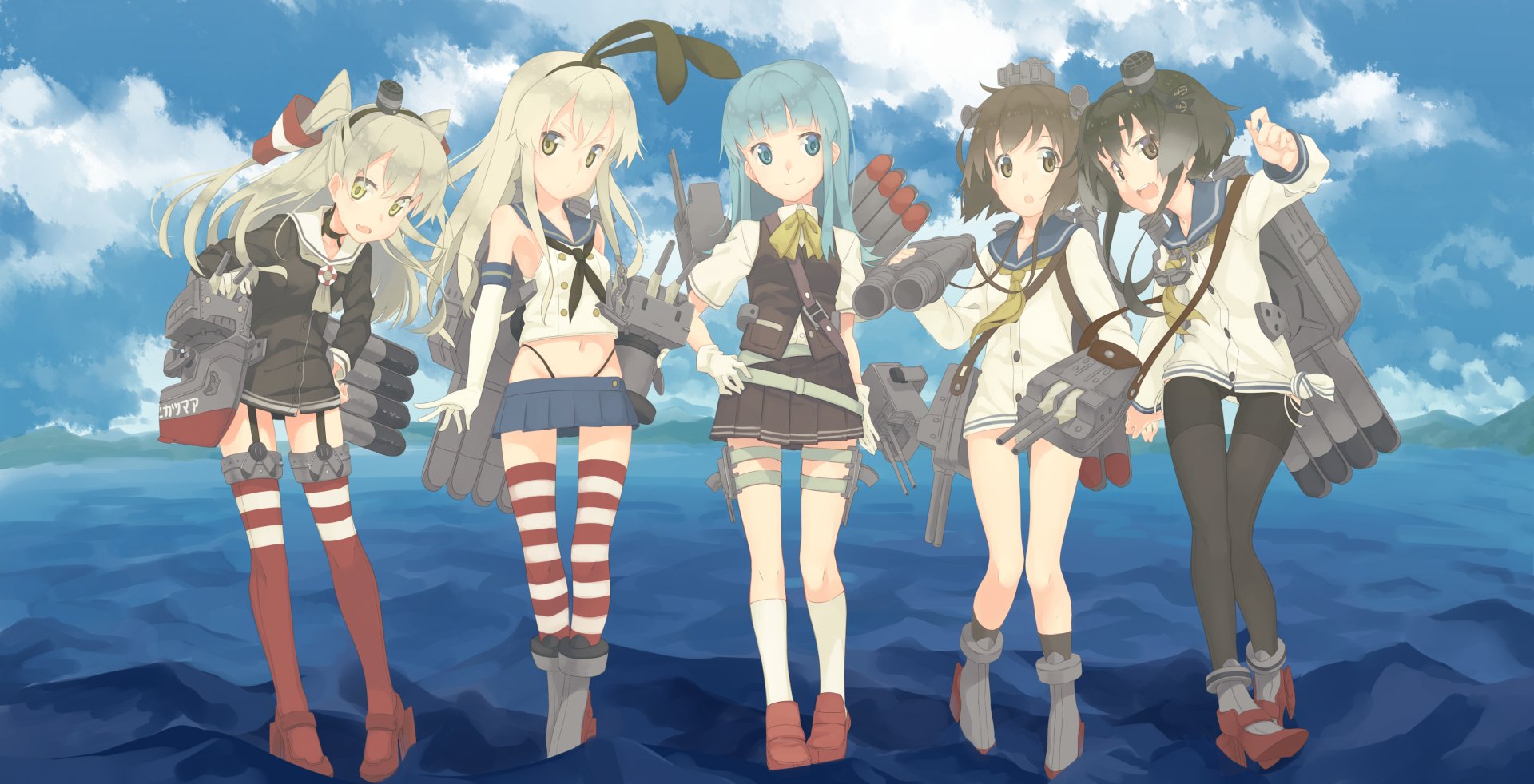 4K Ultra HD anime wallpaper featuring Amatsukaze and Shimakaze from Kantai Collection standing together with a vibrant sky and ocean background.