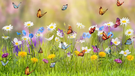 A vibrant HD desktop wallpaper featuring a colorful meadow with butterflies fluttering among blooming flowers and lush grass, capturing the essence of spring with an artistic touch.