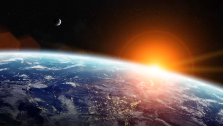 HD sci-fi planetscape desktop wallpaper showing a breathtaking view of Earth from space, with the sun peeking over the horizon and a distant moon in the background.