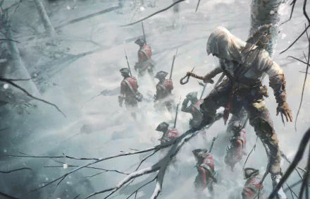 Connor from Assassin's Creed III poised for action in a snowy battlefield, surrounded by enemy soldiers. A high-definition desktop wallpaper showcasing the intensity of the video game.