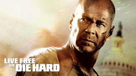 HD desktop wallpaper of a rugged, bloodied action hero from the movie Live Free or Die Hard, glaring toward camera with the Capitol dome and film logo.