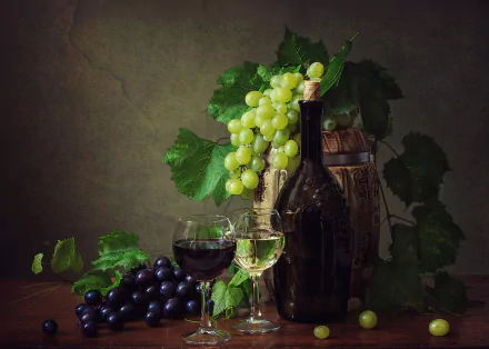 HD still life photography of a wine cask, glass of red and white wine, green and black grapes, and lush grape leaves against a dark, rustic background.