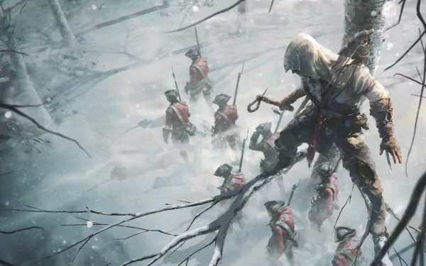 Connor from Assassin's Creed III poised for action in a snowy battlefield, surrounded by enemy soldiers. A high-definition desktop wallpaper showcasing the intensity of the video game.