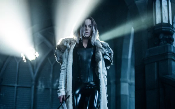 HD wallpaper featuring Kate Beckinsale as Selene from the movie Underworld: Blood Wars, standing in a dimly lit setting with dramatic lighting.
