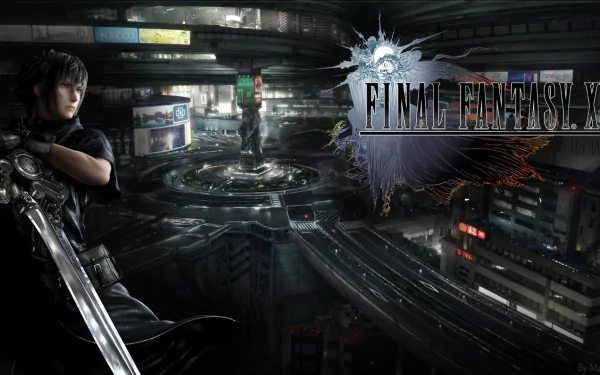 Noctis Lucis Caelum (Kingsglaive, Final Fantasy XV) stands with sword in a neon-lit futuristic city; HD PC desktop wallpaper with the game logo at right.