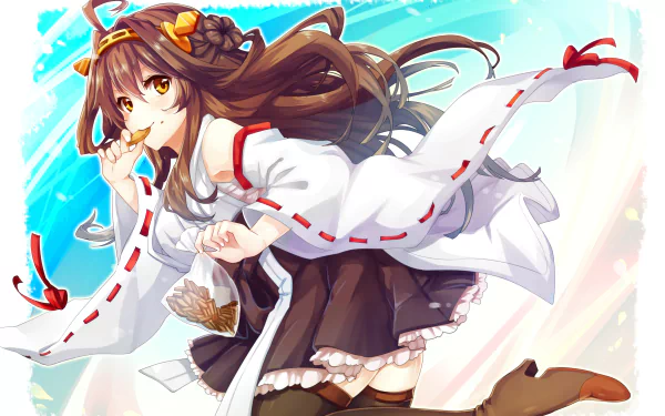 Anime-style Kantai Collection character with flowing brown hair and white outfit, depicted in vibrant colors for a 4K Ultra HD PC desktop wallpaper background.