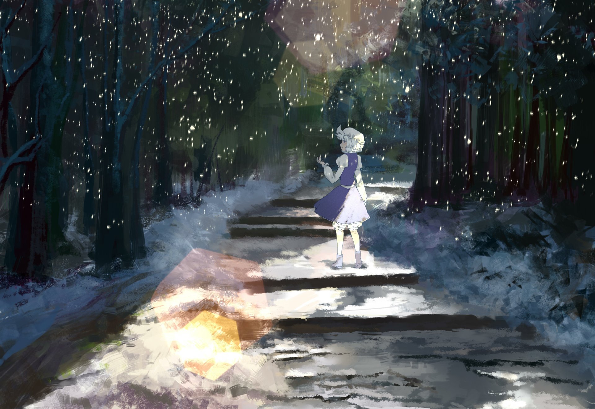 Letty Whiterock from Touhou stands on a glowing forest path at night, surrounded by shimmering light particles in this HD anime PC desktop wallpaper.