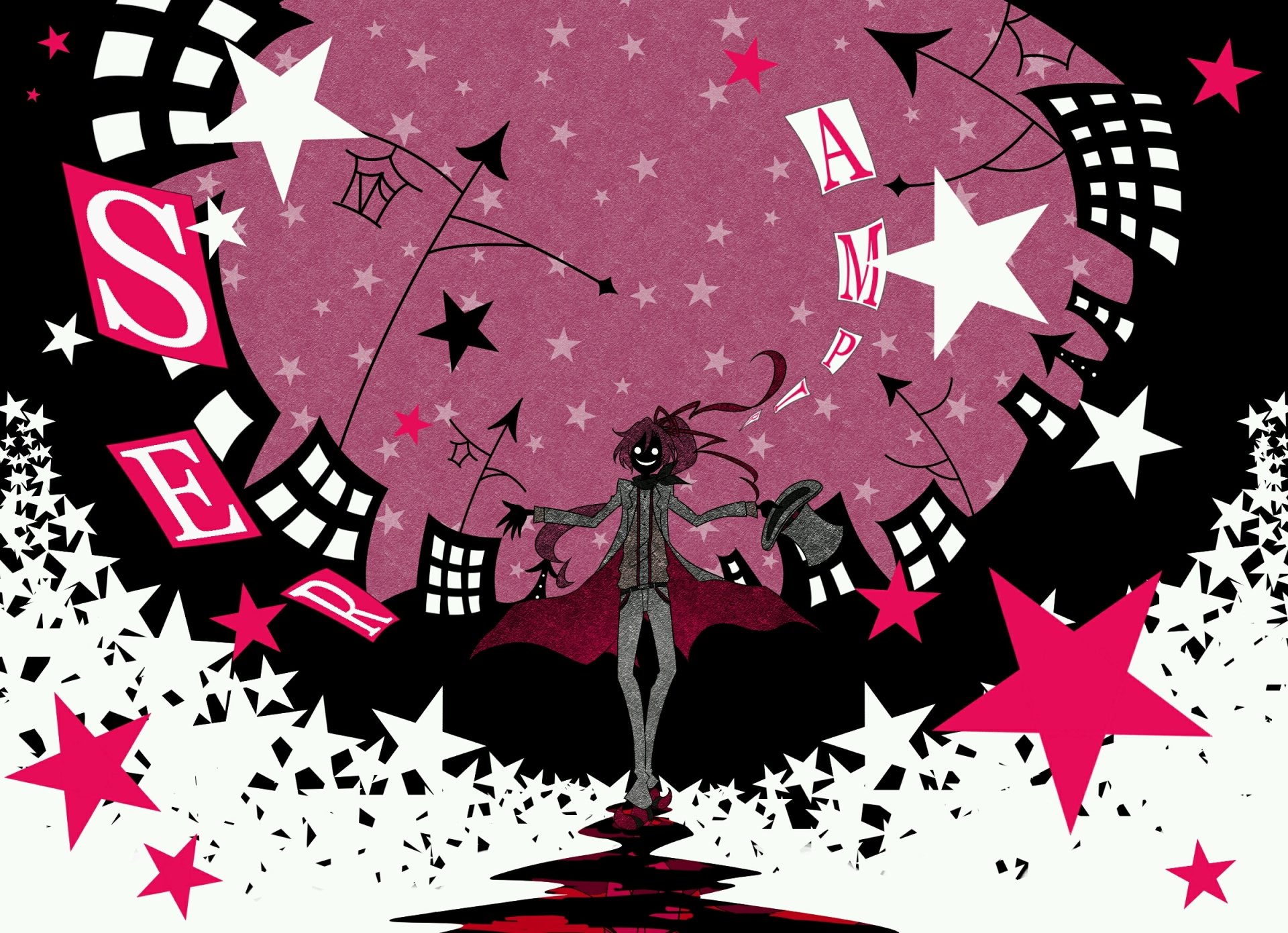 HD PC desktop wallpaper featuring Belkia from the anime Servamp, set against a vibrant background of stars, letters, and abstract cityscape elements in shades of pink and black.