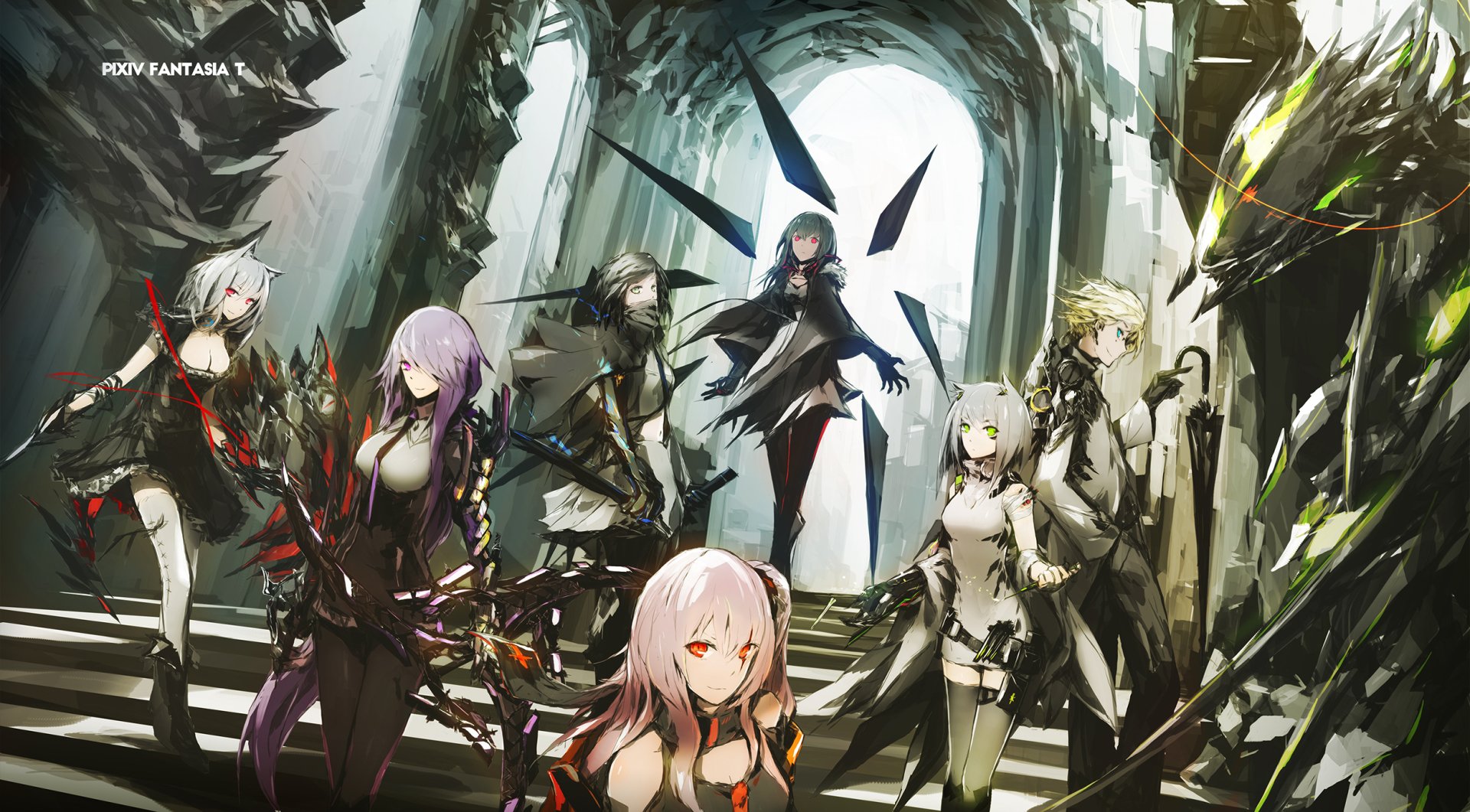 HD fantasy wallpaper featuring anime characters with animal ears and weapons. Characters have red, purple, and white hair, dressed in various outfits, with a backdrop of ruins. Tag: Pixiv Fantasia T.